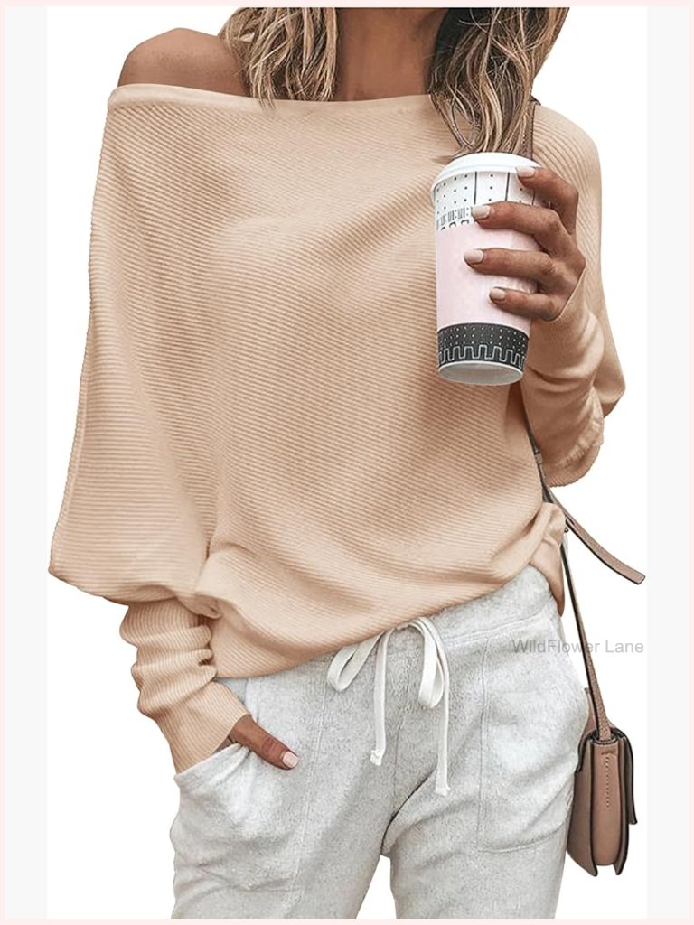 Women's Long Batwing Sleeve Off Shoulder Knit Pullover Sweater Top